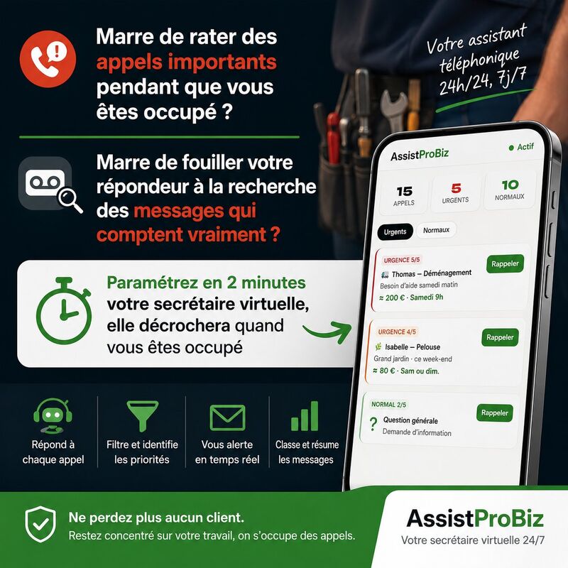 AssistProBiz — Votre assistant téléphonique 24h/24 : tableau de bord avec appels urgents et normaux